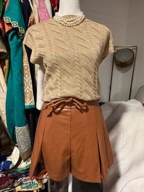 Neutral Knit Top Calvin Klein with Camel Faux Leather Shorts in other brand